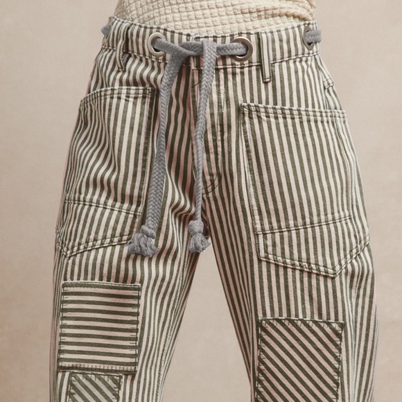 BiBi Barrel Leg Drawstring Retro Patchwork Stripe Cotton Twill Baggy Tapered - Picture 5 of 12